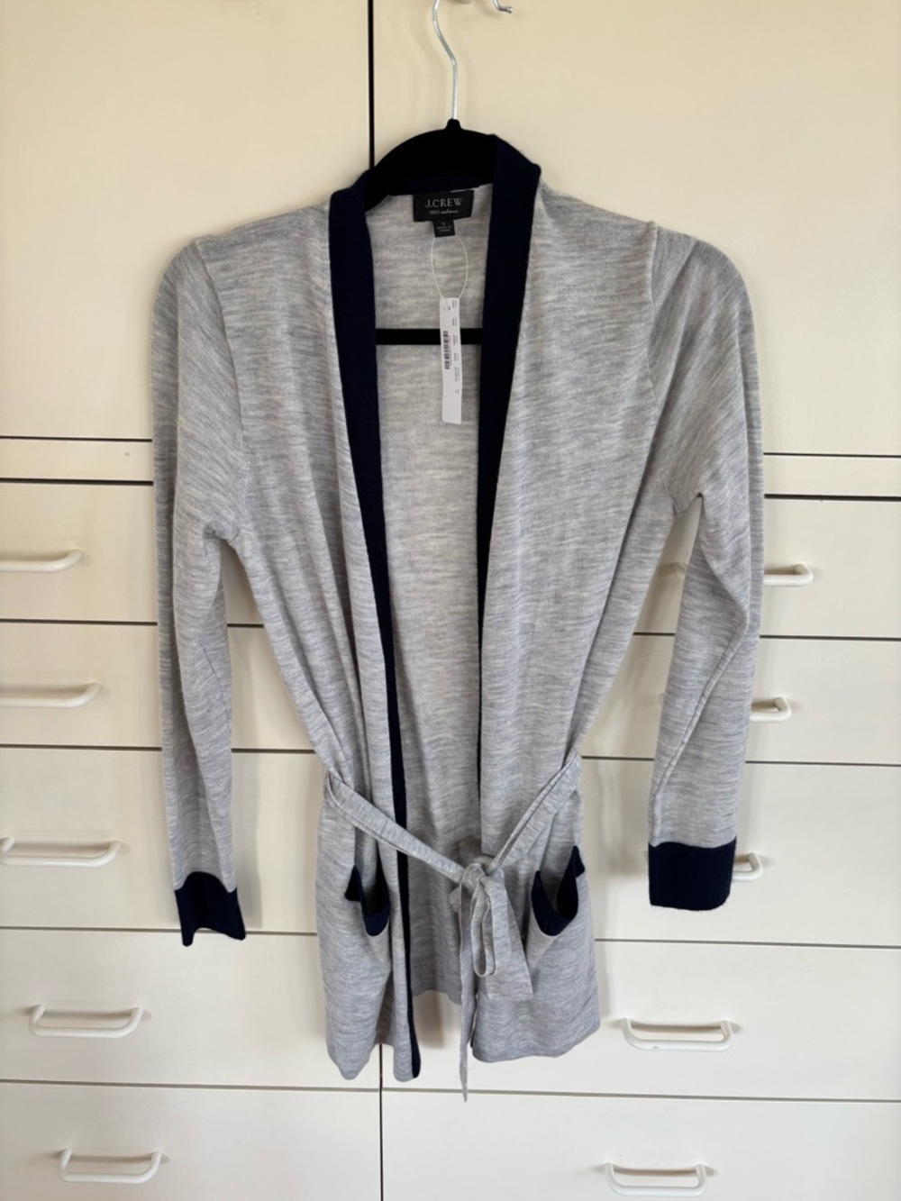 NWT J. Crew Cashmere Light Gray Tie-Waist Cardigan with Navy Trim